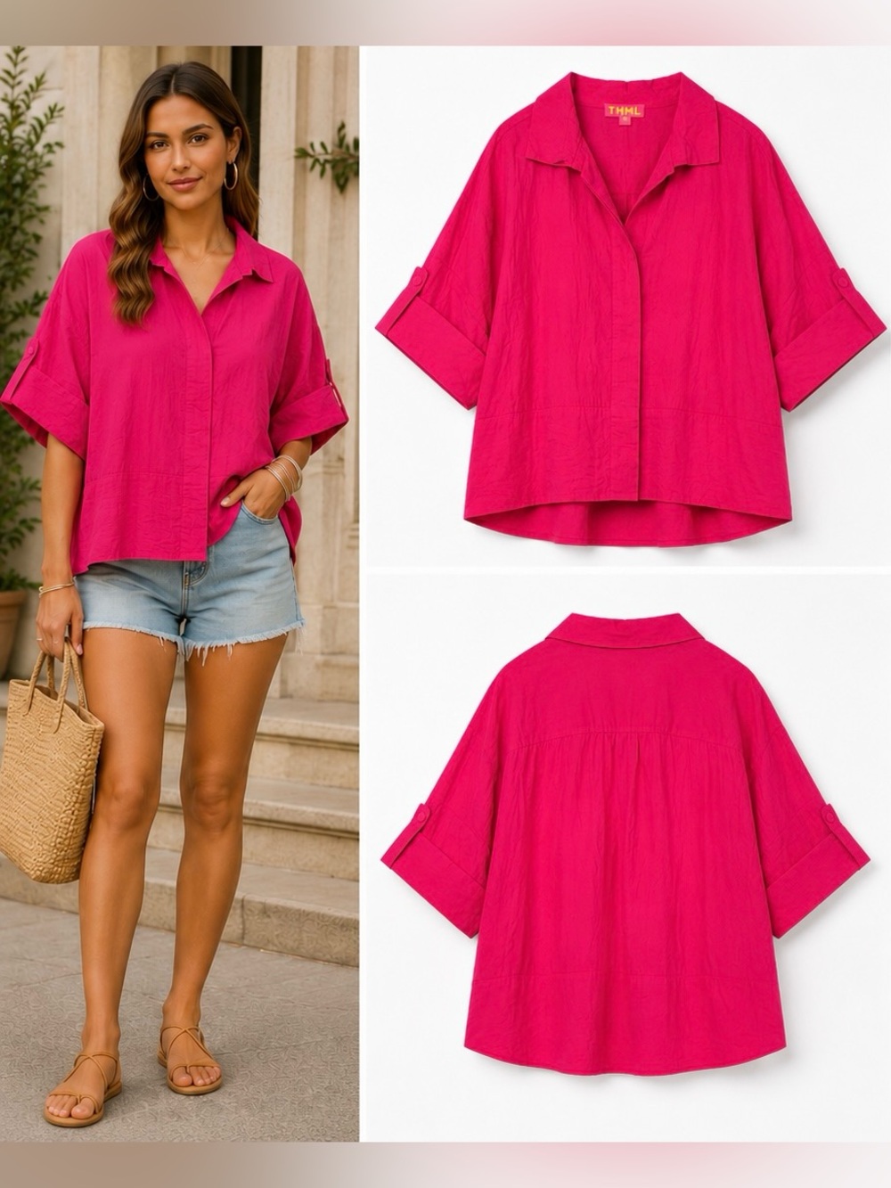THML Pink Collared Oversized Button Up Top Roll Tab Sleeve Large